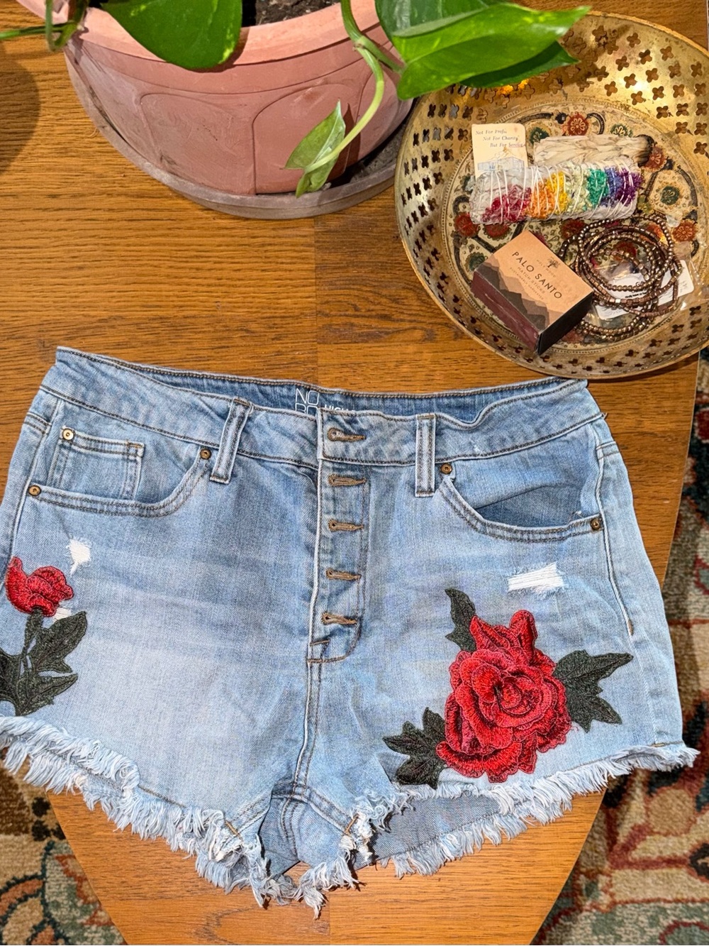 NOBO Light Blue Denim High-Rise Shorts with Red Rose Appliqué